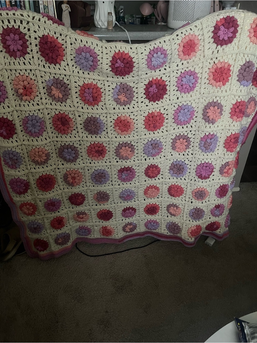 Handmade Crochet Floral Quilt Throw - Pink, Purple & Cream